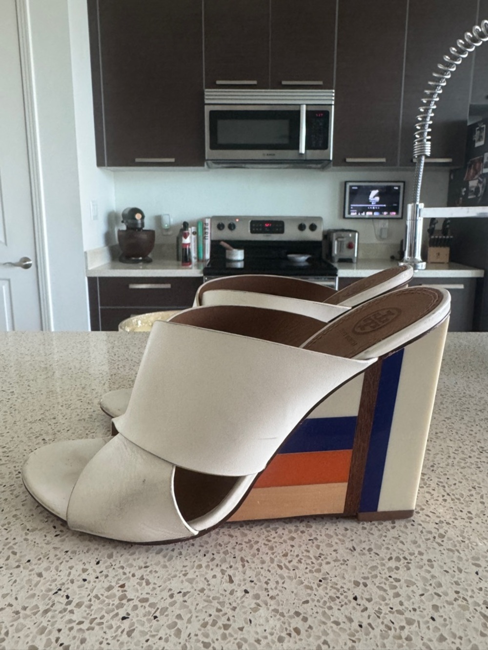 Tory Burch White Leather Wedge Mule with Colorblock Heel 9.5